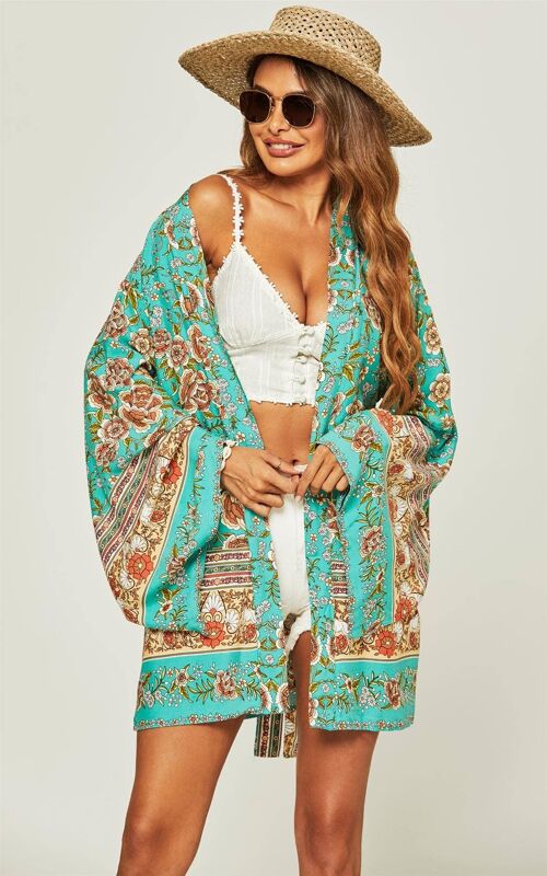 Pretty Relaxed Cotton Kimono In Mint Floral Print