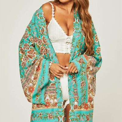 Kimono bastante relajado de algodón con estampado floral de menta