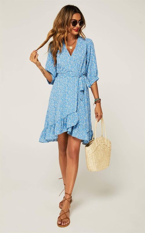 Print Summer Mini Wrap Dress In Blue