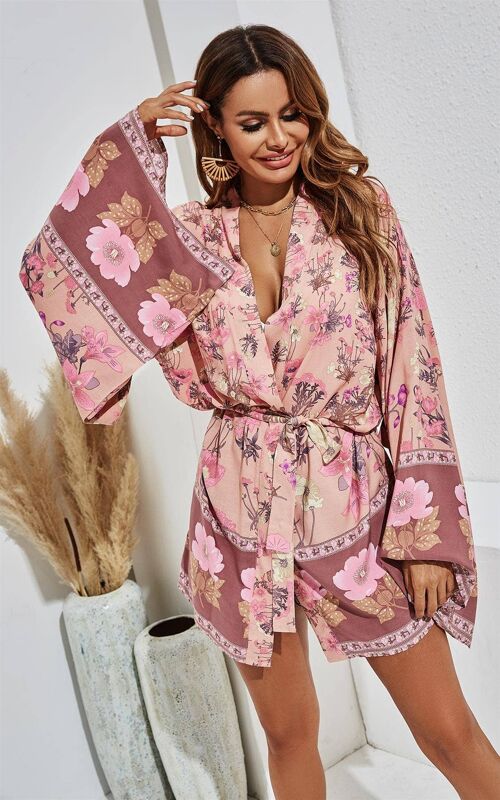 Purple & Pink Floral & Golden Leaf Print Relaxed Kimono