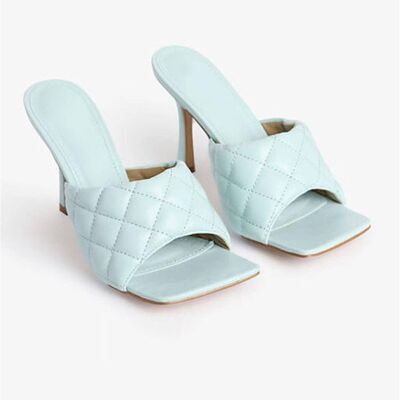Quilted Block High Heeled Mule Sandal In Mint Blue