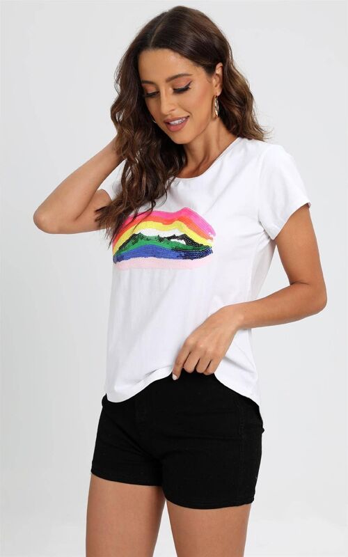 Rainbow Lip Relaxed Simple Style T Shirt Top In White
