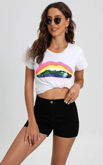 Rainbow Lip - T-shirt style simple décontracté en blanc 3