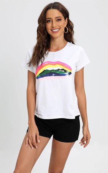 Rainbow Lip - T-shirt style simple décontracté en blanc 4