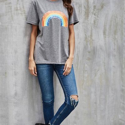Rainbow Print T Shirt Top In Grey