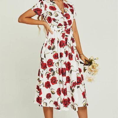 Red Floral Print High Waist Wrap Midi Dress In White