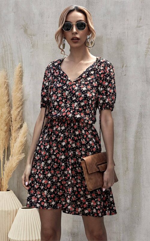 Red Floral Print Summer Dress In Black