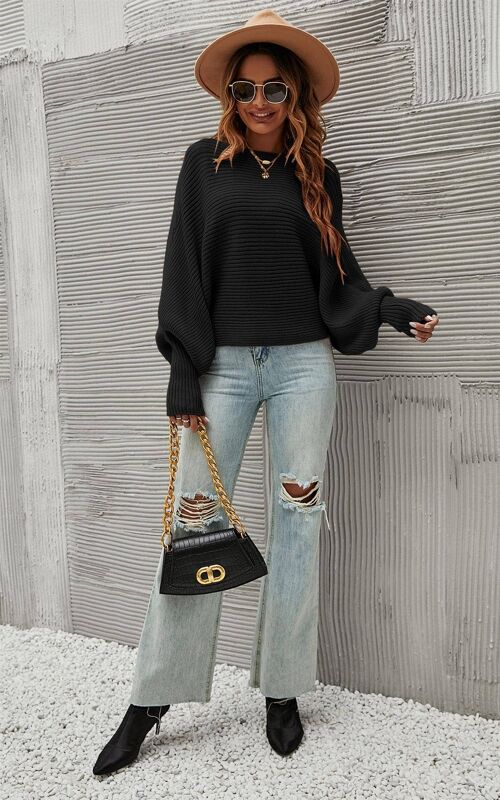 Relaxed Batwing Sleeve Top Jumper In Black
