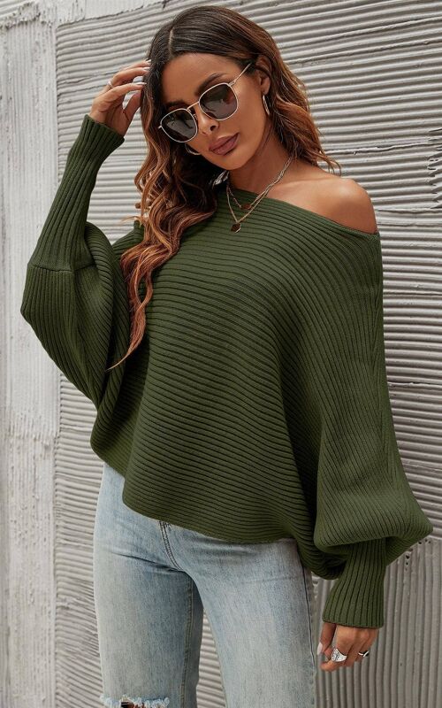 Relaxed Batwing Sleeve Top Jumper In Olive Green