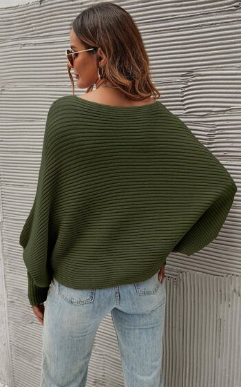 Pull décontracté à manches chauve-souris en vert olive 3