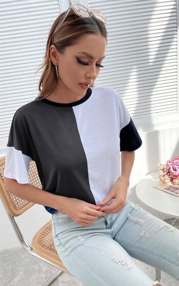 T-shirt décontracté à rayures noires et blanches à blocs de couleurs de style simple en gris anthracite 2