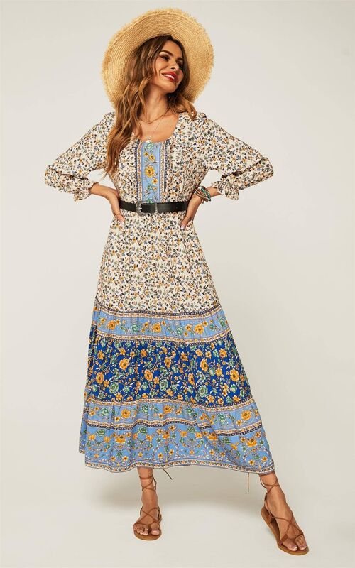 Relaxed Blue Block Color Floral Printed Maxi Dress In Beige