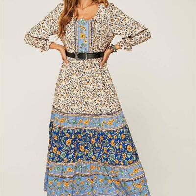 Relaxed Blue Block Color Floral Printed Maxi Dress In Beige