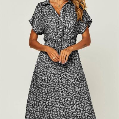 Robe chemise mi-longue boutonnée décontractée à imprimé floral avec ceinture nouée