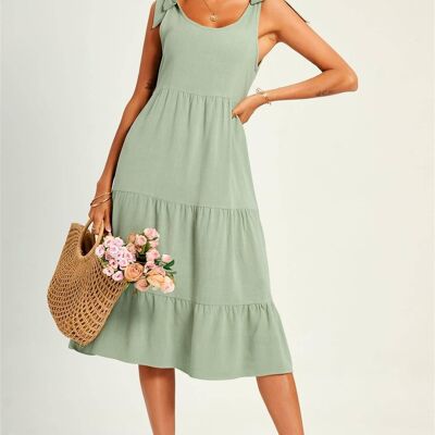 Relaxed Linen Self Tie Shoulder Tiered Midi Dress In Green
