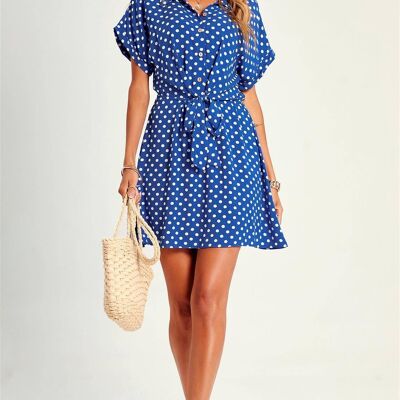 Relaxed Polka Dot Print Tie Front Mini Shirt Dress In Blue