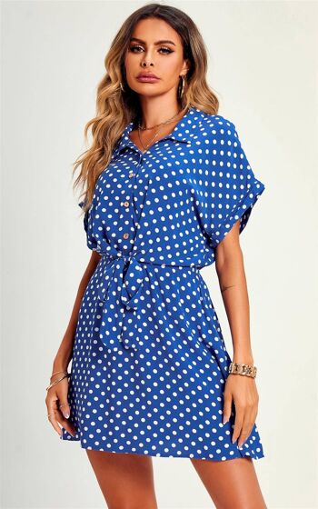 Mini-robe chemise décontractée à pois et nouée sur le devant en bleu 4