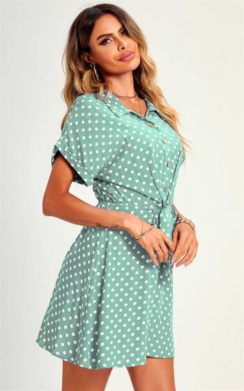 Mini-robe chemise décontractée à pois et nouée sur le devant - Vert 2