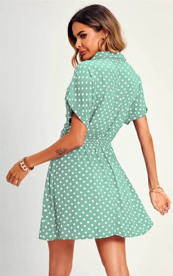 Mini-robe chemise décontractée à pois et nouée sur le devant - Vert 4