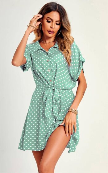 Mini-robe chemise décontractée à pois et nouée sur le devant - Vert 3