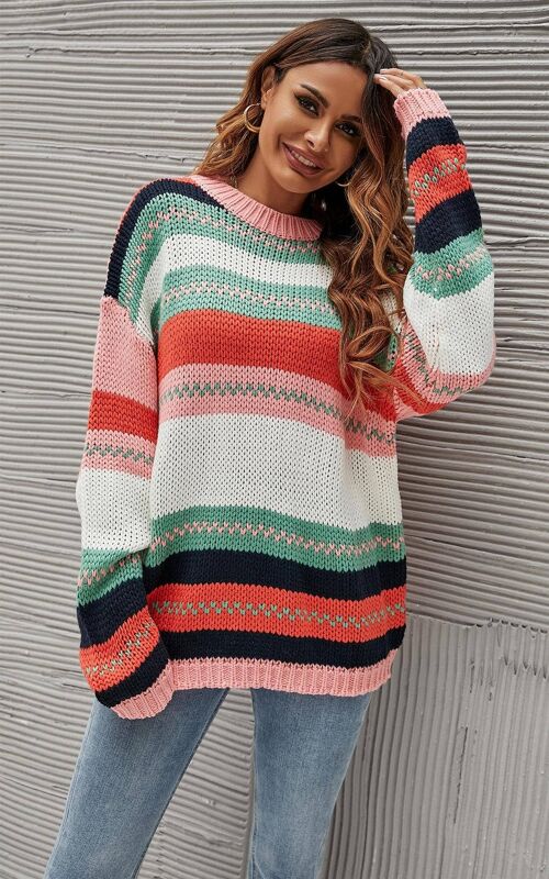 Relaxed Red Black Green Striped Jumper Top In Pink