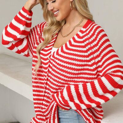 Relaxed Red Striped Cardigan Top In White