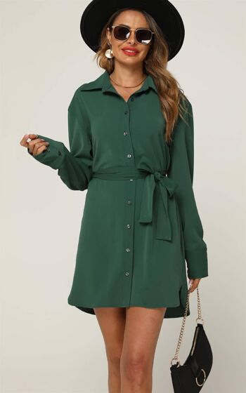 Mini robe chemise décontractée arrondie fendue sur le côté en vert 4