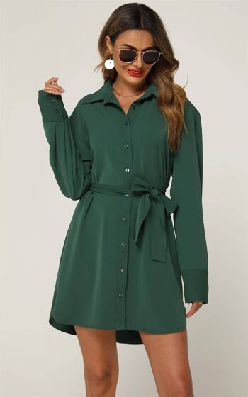 Mini robe chemise décontractée arrondie fendue sur le côté en vert 2