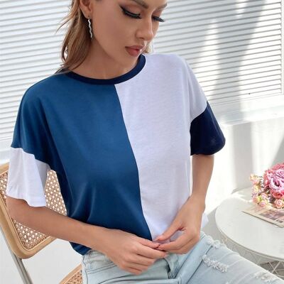 Relaxed Striped & White Colour Block Simple Style T Shirt Top In Navy