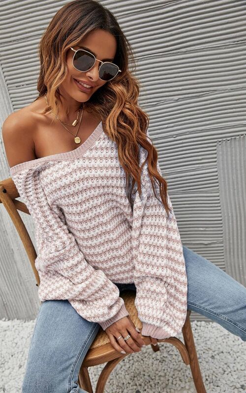 Relaxed Striped Jumper Top In Beige & White