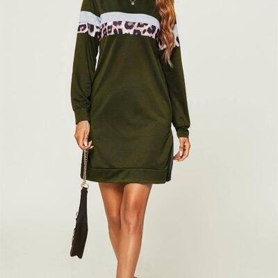Mini-robe sweat tunique décontractée à rayures animales blanches en vert olive
