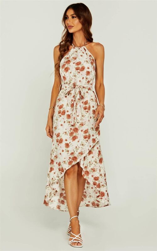Rose Print Hight Low Spilt Halterneck Tiered Maxi Dress In White