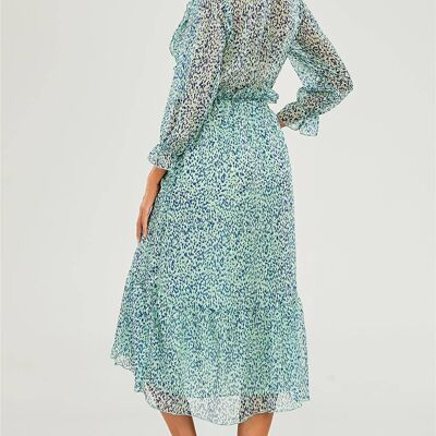 Ruffled Chiffon Mini Dress In Mint Blue Leopard Print