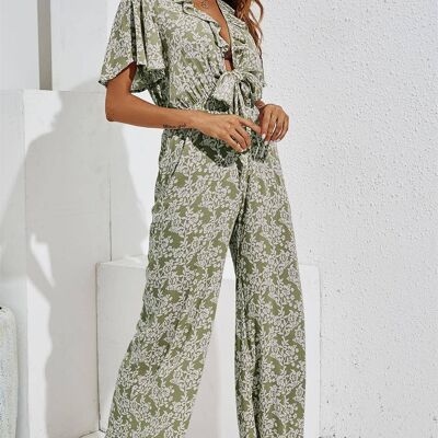 Ruffled Sleeve Jumpsuit In Olive Green & White Floral