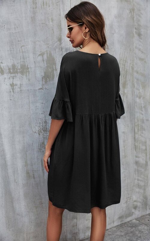 Ruffled Sleeve Oversized Smock Dress In Black