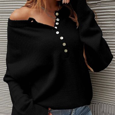 Shell Button Round Neck Sweater Jumper Top In Black