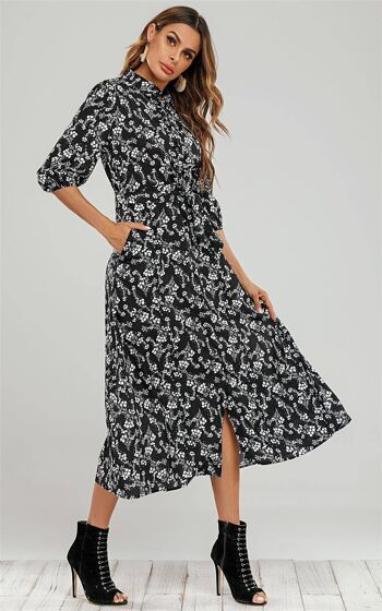 Robe chemise noire à petit imprimé floral 2