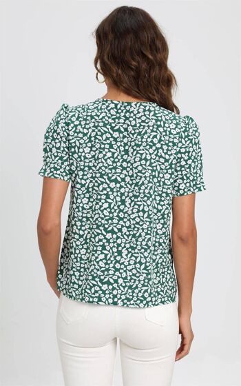 Top chemisier boutonné à manches courtes à imprimé floral vert et blanc 4