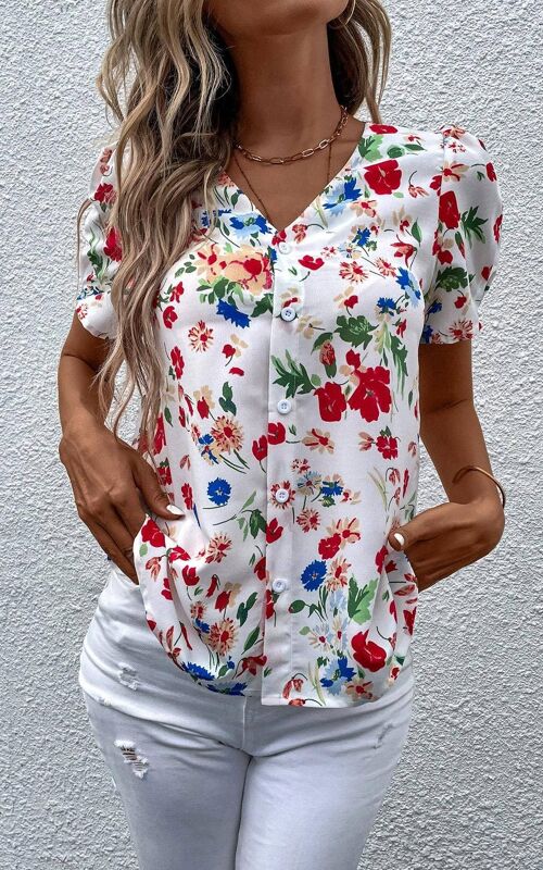 Short Sleeve Buttoned Blouse Top In White & Blue Red Flora Print