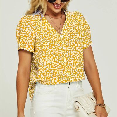 Short Sleeve Buttoned Blouse Top In Yellow & White Flora Print