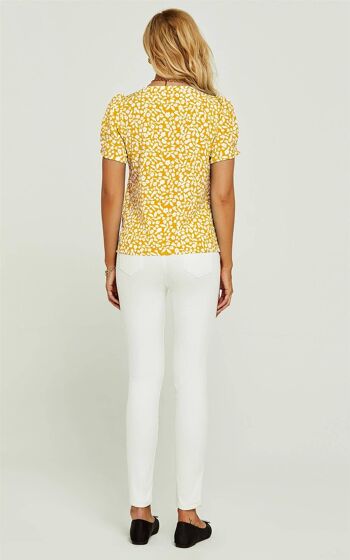 Top chemisier boutonné à manches courtes à imprimé floral jaune et blanc 2