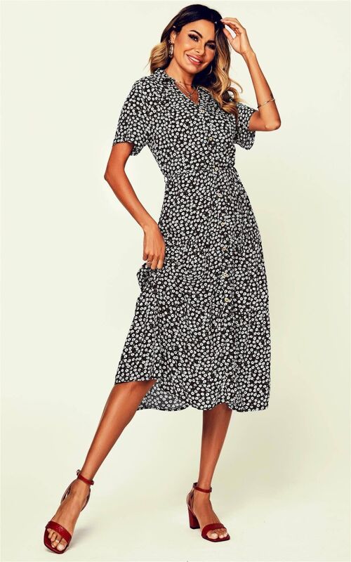 Short Sleeve Floral Print Button Down Midi Dress In Black