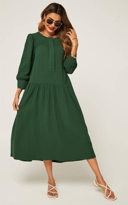 Smock Dress With Long Sleeve In Forest Green