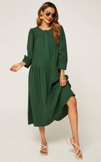 Robe smockée à manches longues en vert forêt 4