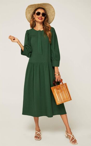 Robe smockée à manches longues en vert forêt 2