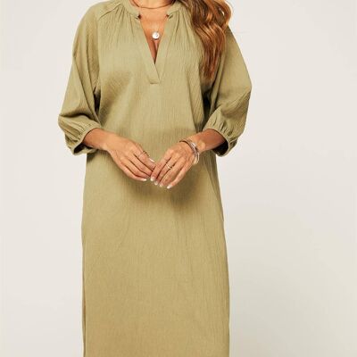 Smock Dress With Long Sleeves In Khaki Green