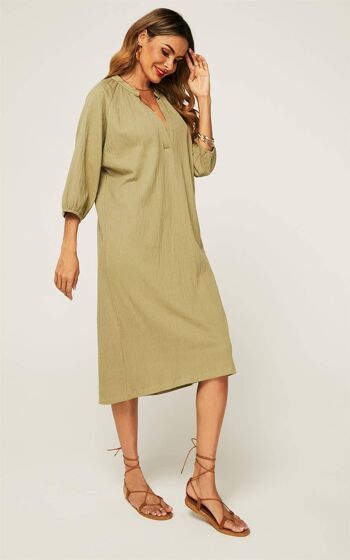 Robe Smockée à Manches Longues Vert Kaki 2