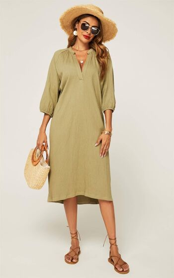 Robe Smockée à Manches Longues Vert Kaki 4