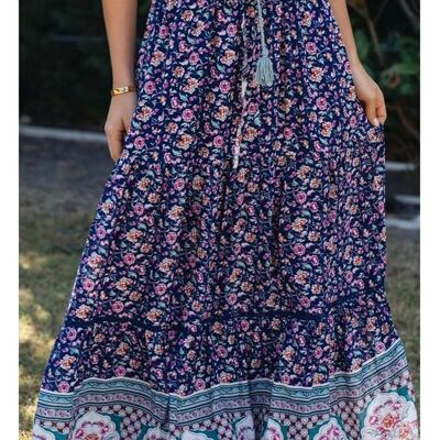 Smocked Tiered Maxi Skirt In Navy & Pink Roses Floral Print