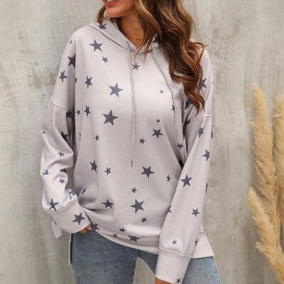 Star Print Hoodie Top In Grey